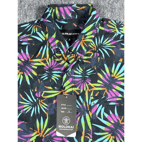 Molokai Surf Co Men's Small Short Sleeve Stretch Button Up Black Neon Shirt- NWT - Picture 2 of 4